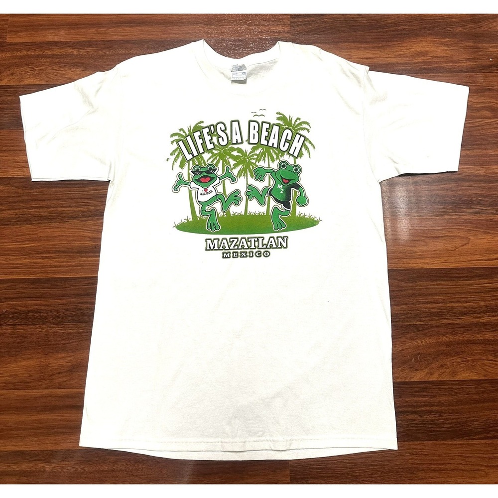 Men's yazbek‎ shirts life's A beach! Mazatlan Mexico White Green T-Shirt Size L